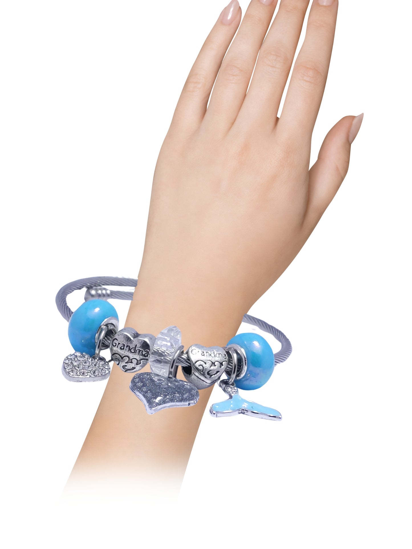 Silver Blue Heart Grandma Charm Bracelet