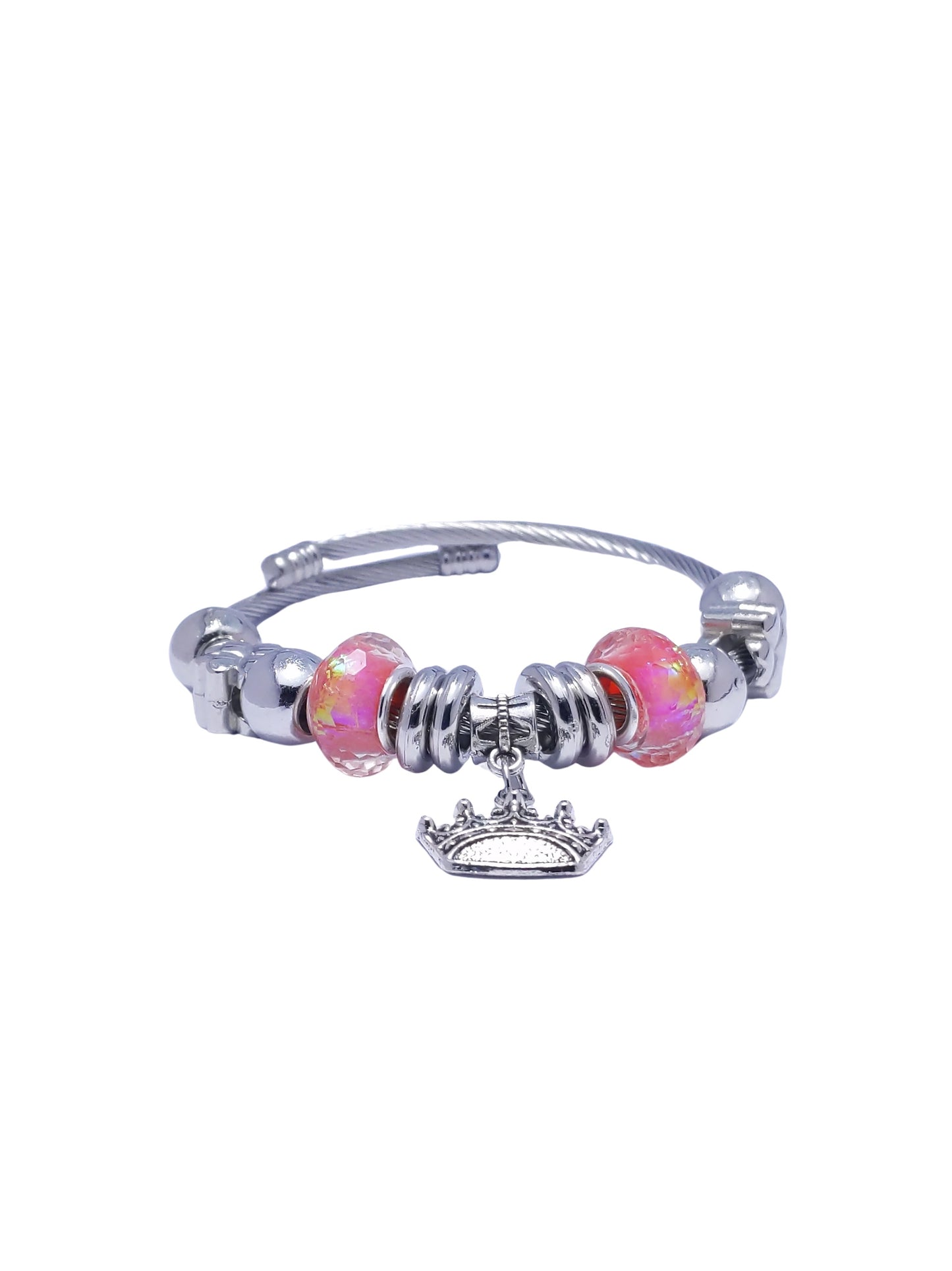 Silver Pink Crown Multicolor Charm Bracelet