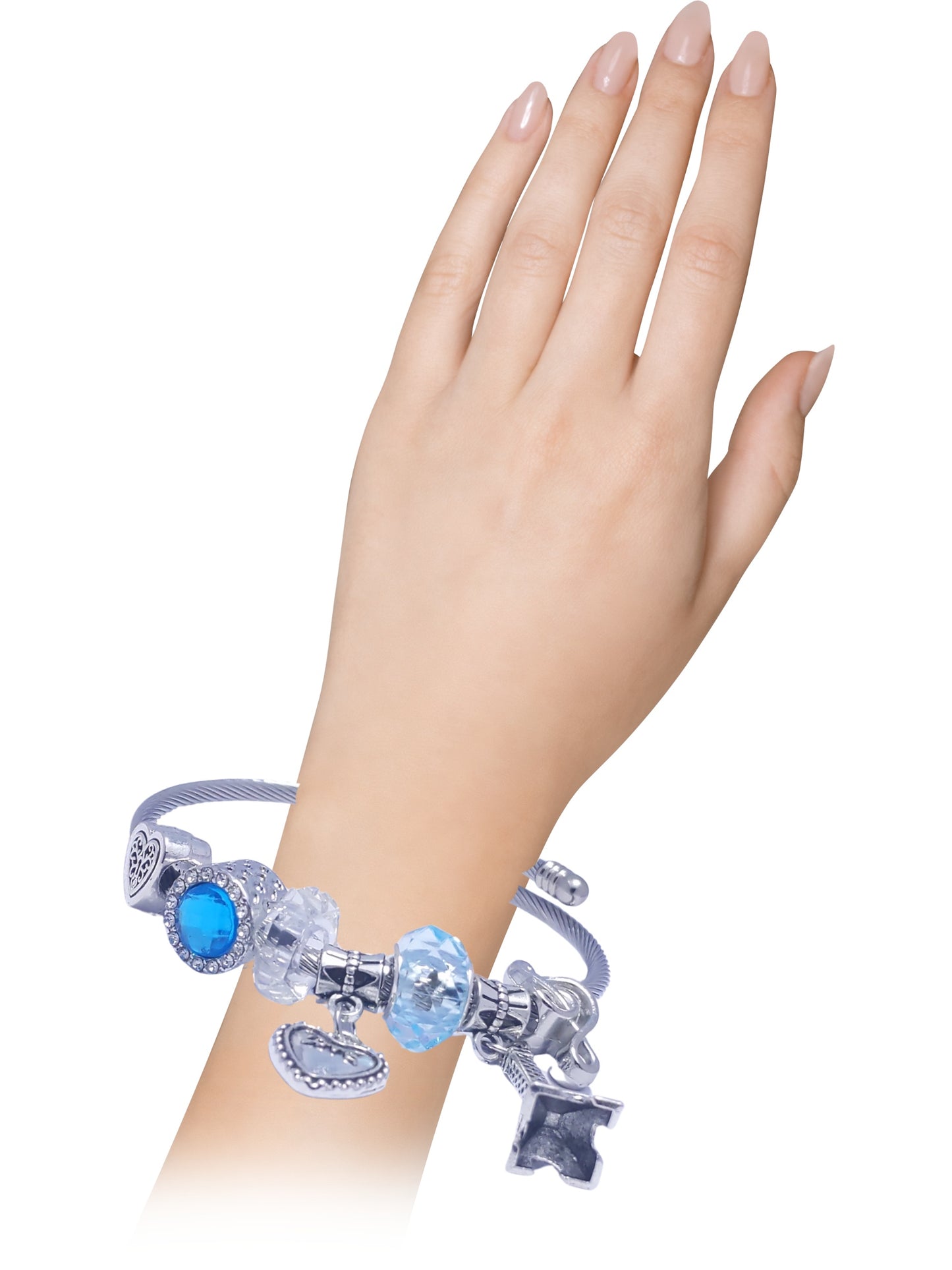 Silver Blue Beaded Tower Multi Charm Bracelet