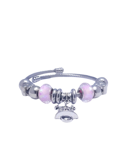 Silver Pink Bell Beaded Charm Bracelet