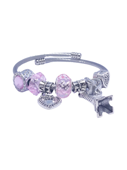 Silver Pink Beaded Tower Charm Bracelet