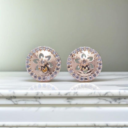 Gold Diamond Flower Detail Stud Earrings