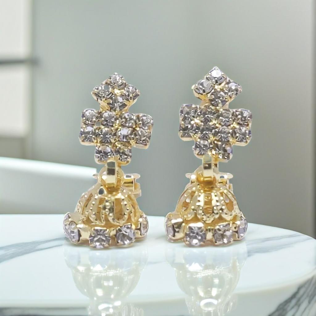 Gold Tiered Diamond Design Stud Clip On Earrings