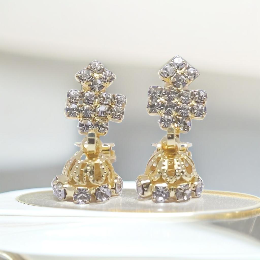 Gold Tiered Diamond Design Stud Clip On Earrings