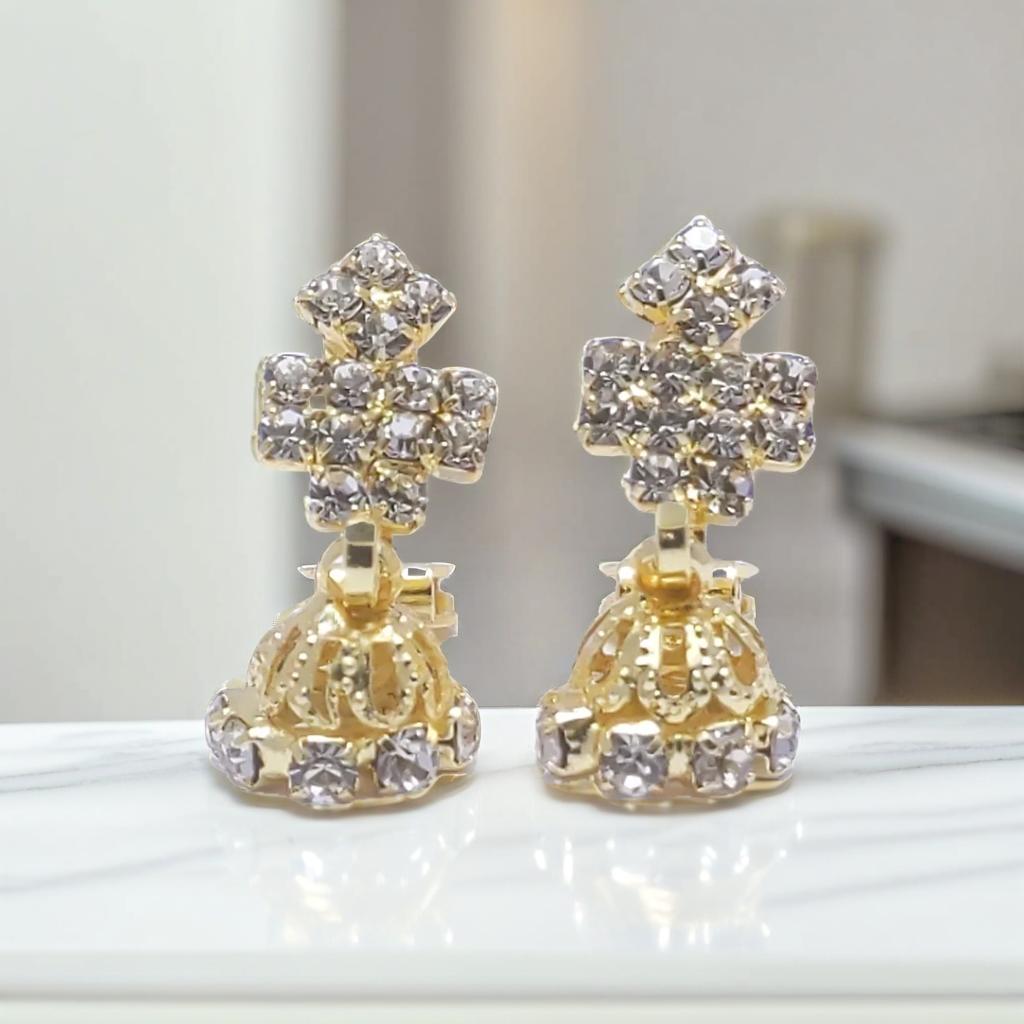 Gold Tiered Diamond Design Stud Clip On Earrings