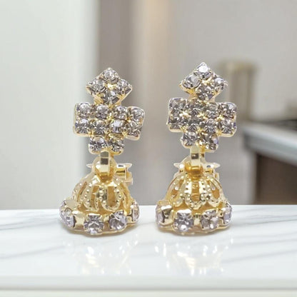 Gold Tiered Diamond Design Stud Clip On Earrings