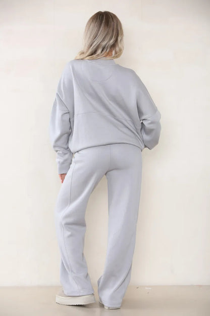 Grey Bomber Style Jacket & Wide Leg Bottoms Co-ord Loungewear Set