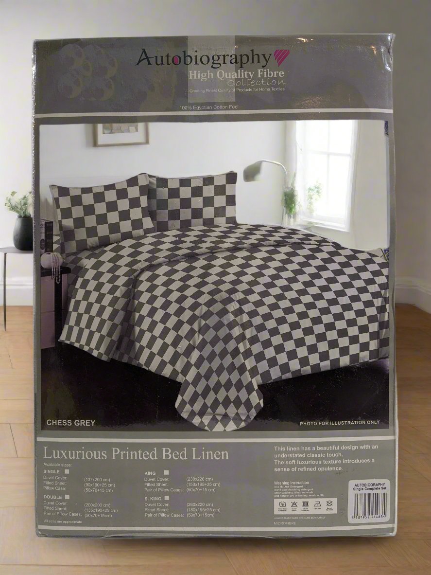 Grey Checked Luxury Microfibre Single Complete Duvet Cover Set