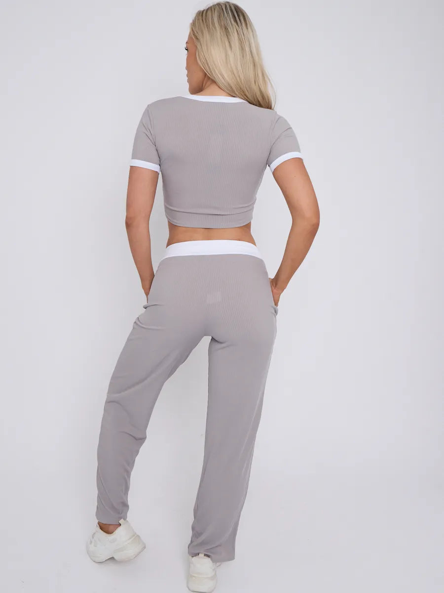 Grey Contrast Trim Ribbed Crop Top & Wide Leg Trousers Loungewear Co-ord Set 