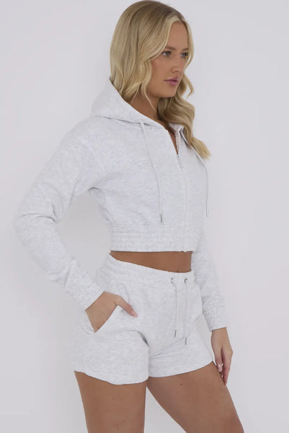 Grey Cropped Zip Up Hoodie & Shorts Loungewear Co-ord