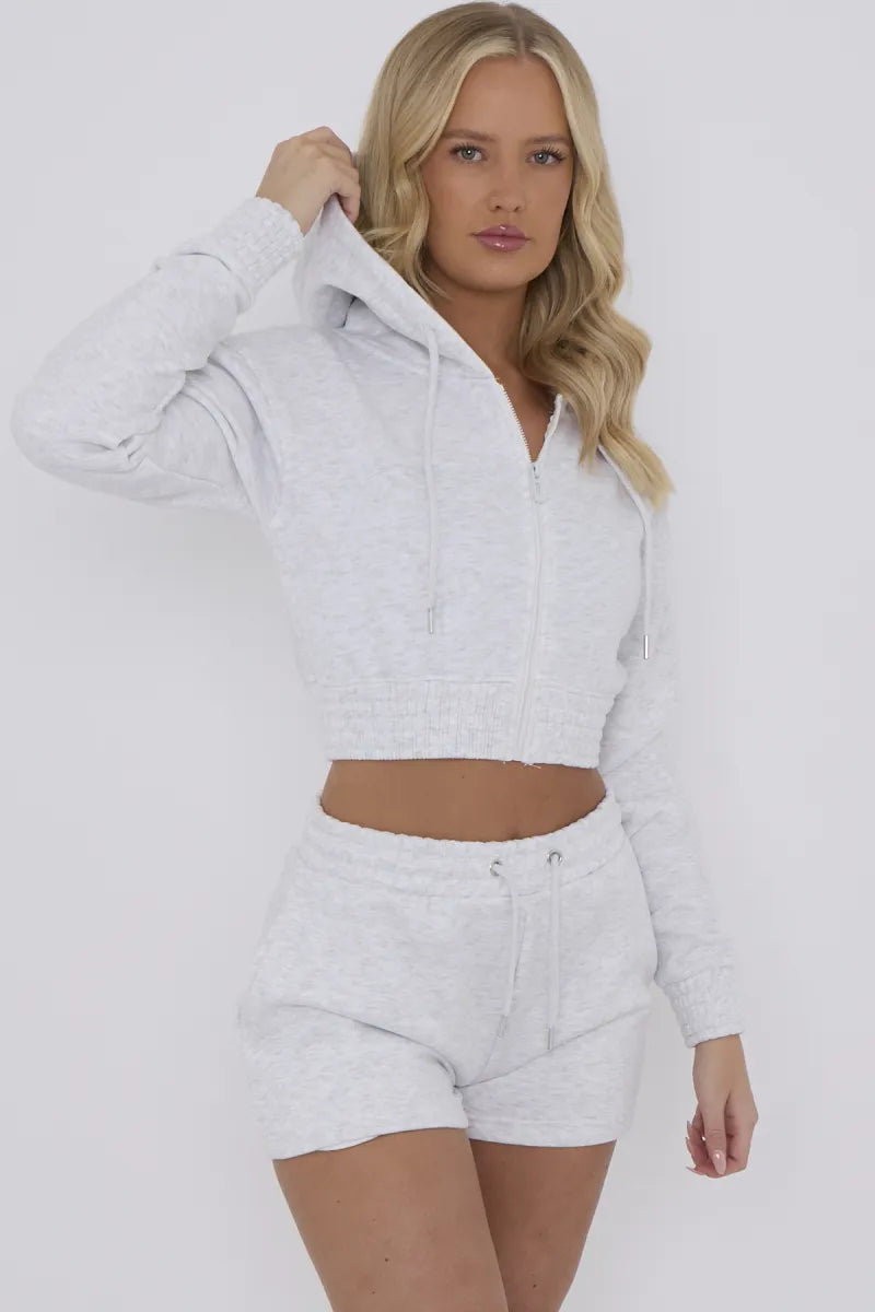 Grey Cropped Zip Up Hoodie & Shorts Loungewear Co-ord