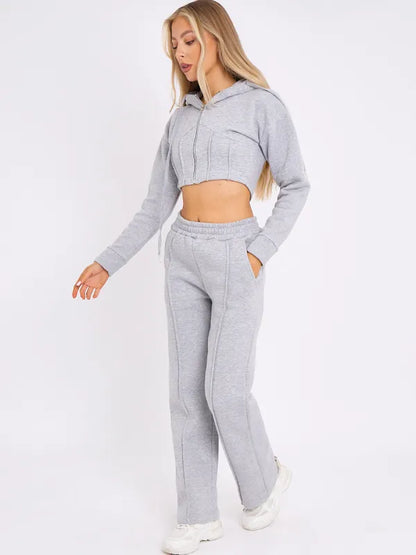 Grey Zip Up Cropped Hoodie & Wide Leg Joggers Loungewear Set