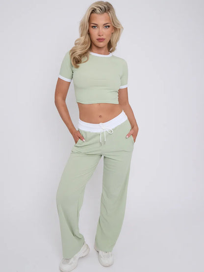 Mint Contrast Trim Ribbed Crop Top & Wide Leg Trousers Loungewear Co-ord Set 