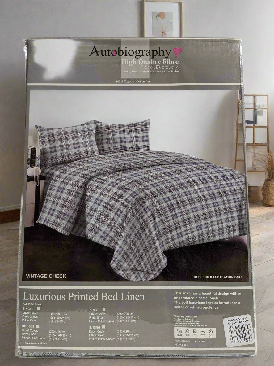 Navy Check Print Luxury Microfibre King Complete Duvet Cover Set