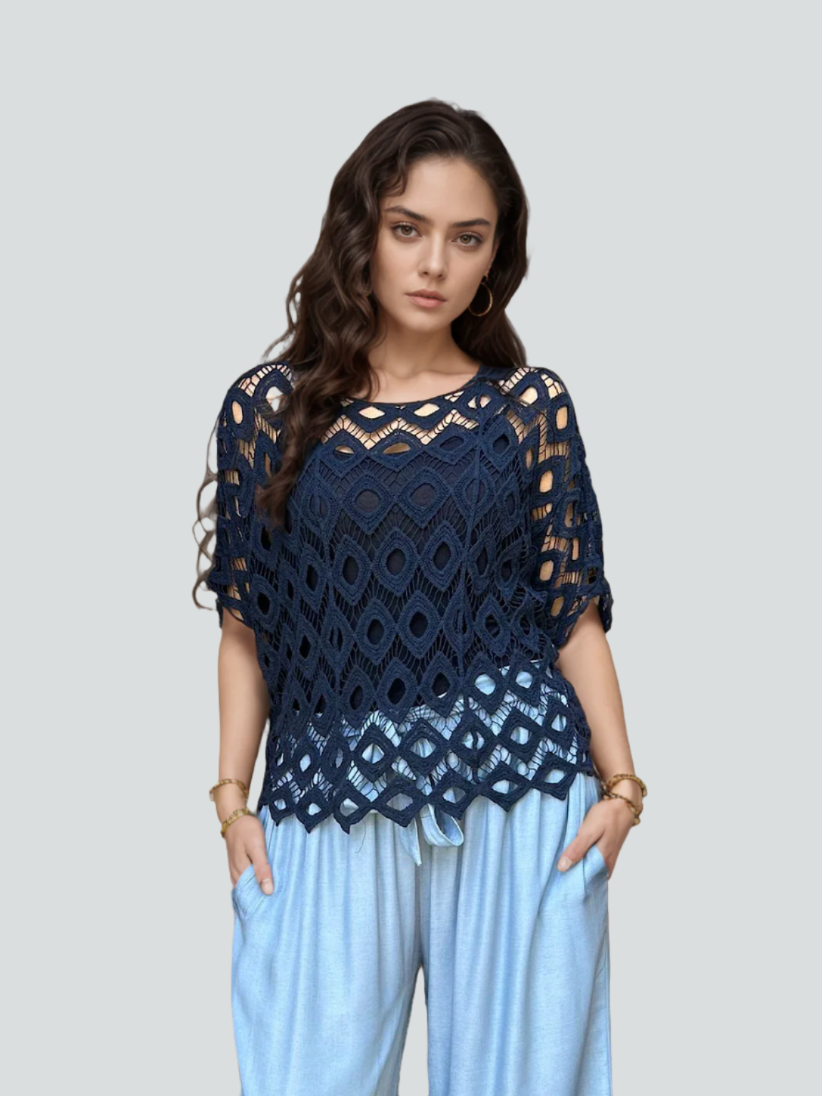 Navy Diamond Crochet Two Piece Batwing Top