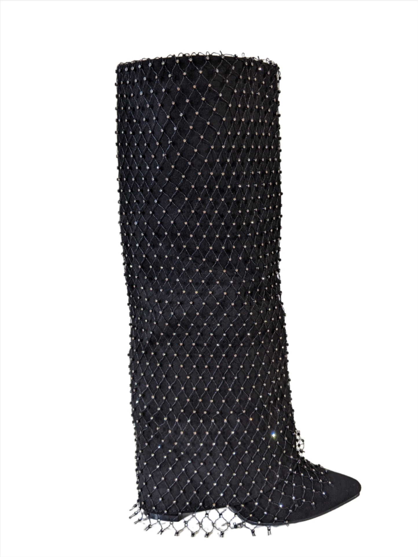 Black Diamante Mesh Overlay Fold Over Cowboy Boots