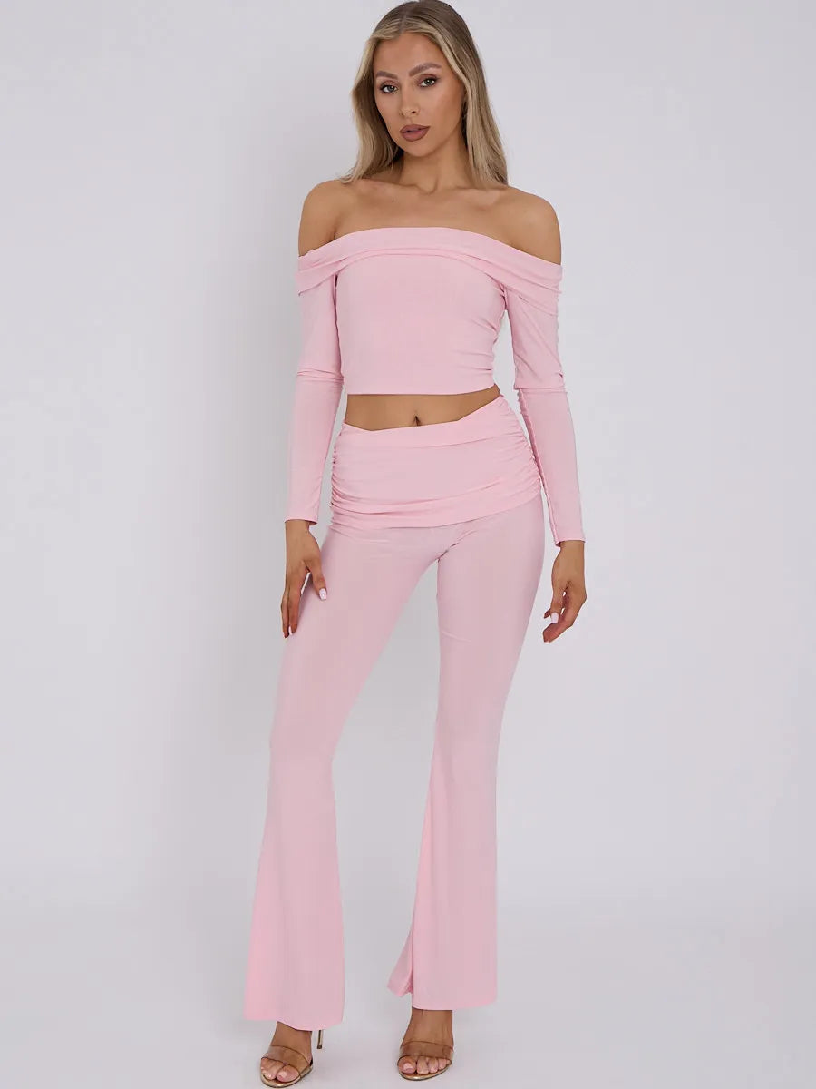 Pink Slinky Off Shoulder Crop Top & Fold Over Flares Trousers Co-ord Set