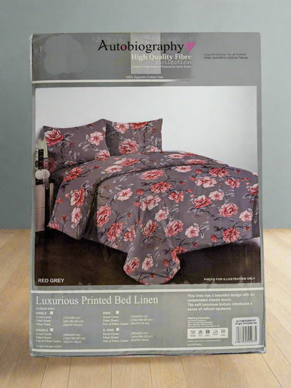 Red & Grey Floral Print Luxury Microfibre Single Complete Duvet Cover Set