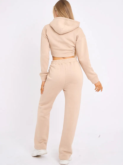 Stone Zip Up Cropped Hoodie & Wide Leg Joggers Loungewear Set