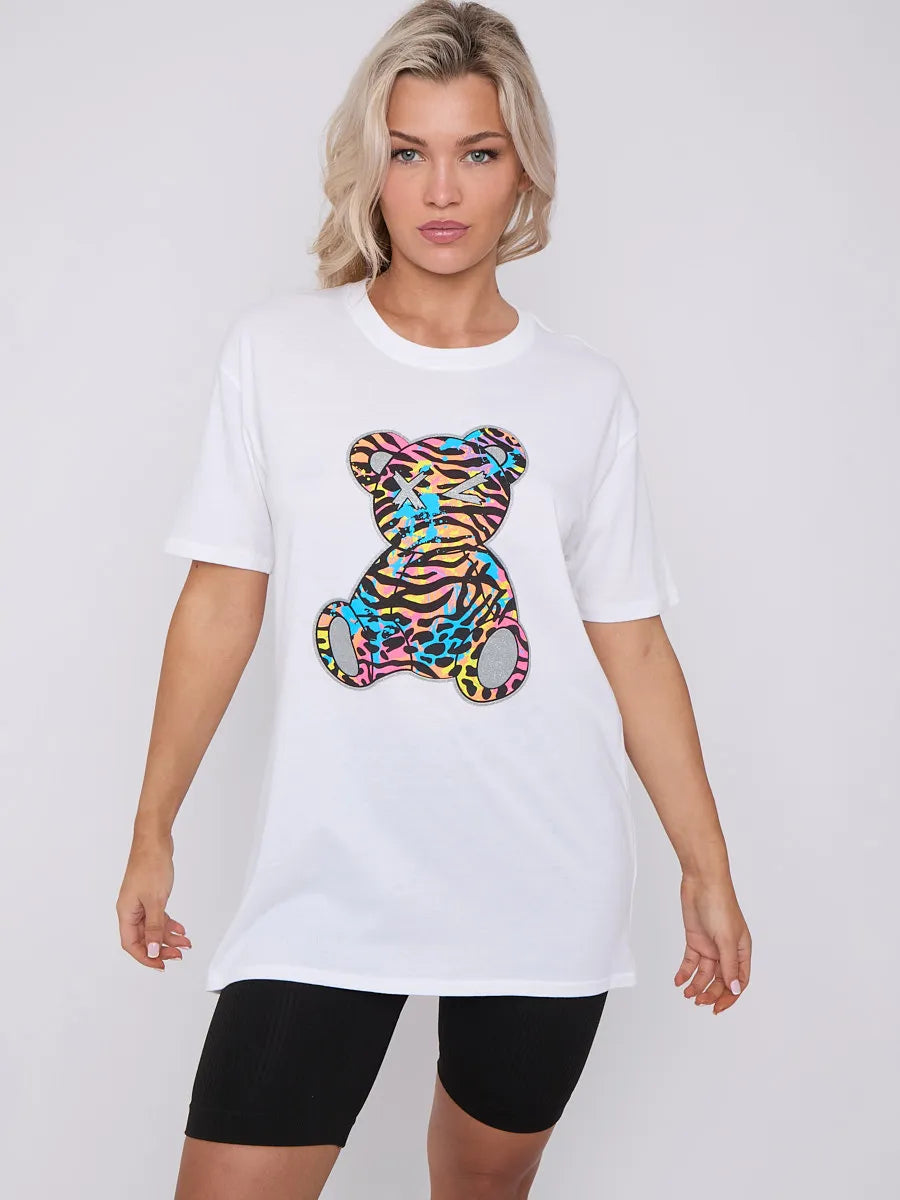 White Animal Print Teddy Graphic Printed T-Shirt