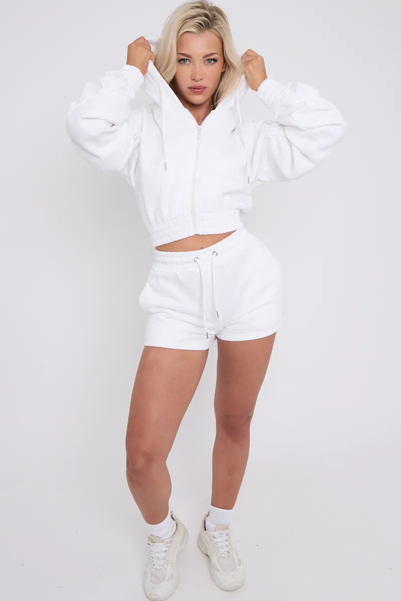 White Cropped Ruched Sleeve Hoodie & Shorts Loungewear Co-ord