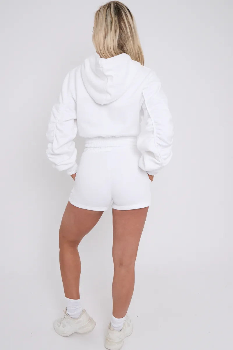 White Cropped Ruched Sleeve Hoodie & Shorts Loungewear Co-ord