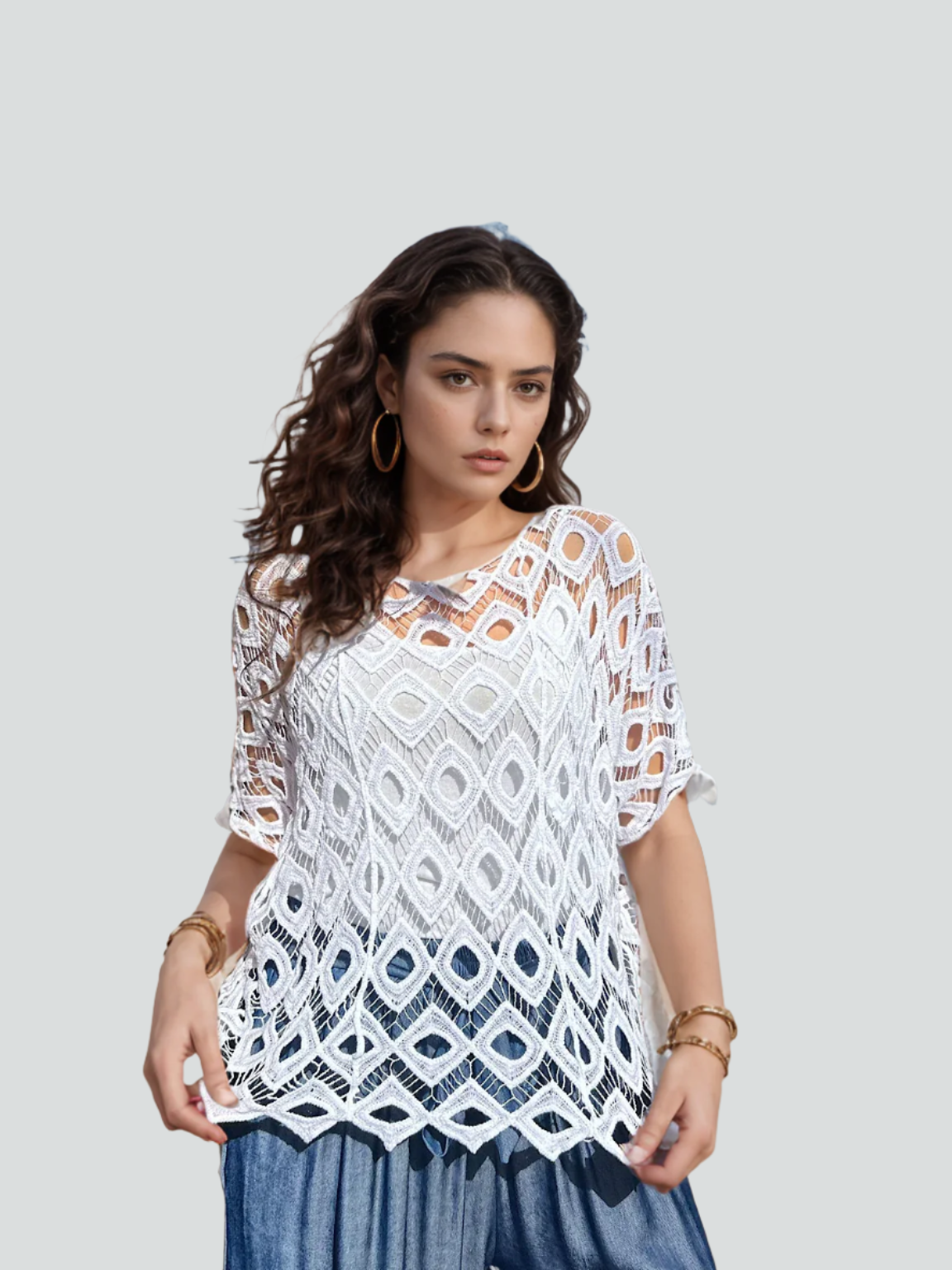 White Diamond Crochet Two Piece Batwing Top