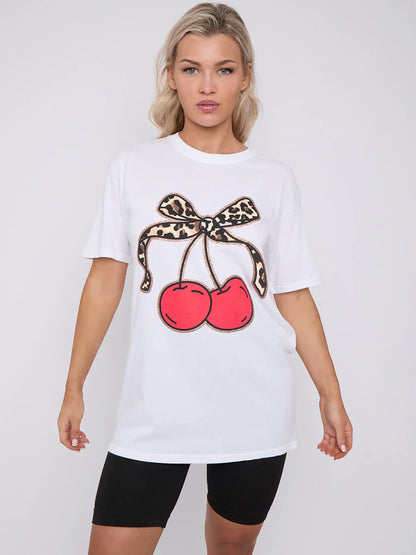 White Leopard Print Bow Cherry Graphic Printed T-Shirt