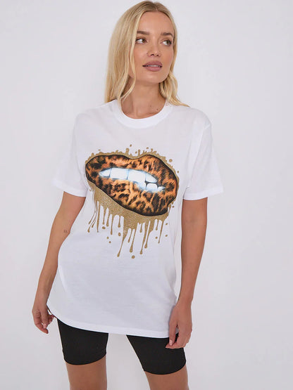 White Leopard Print Gold Drip Lip Graphic T-Shirt