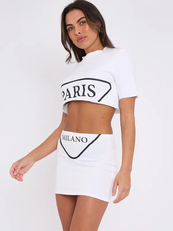 White Paris Milano Crop Top & Skirt Co-ord Set