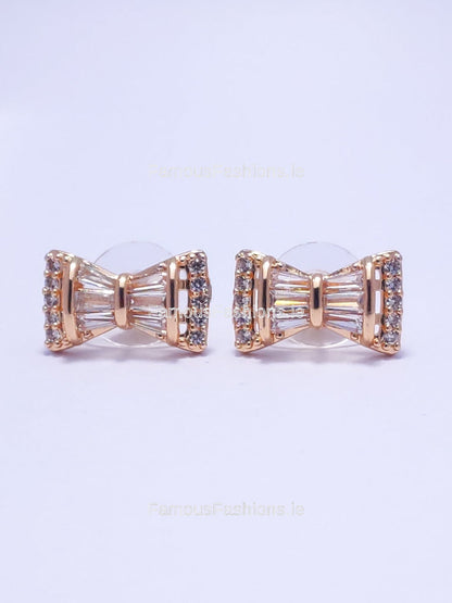 Gold Bow Detail Diamond Stud Earrings