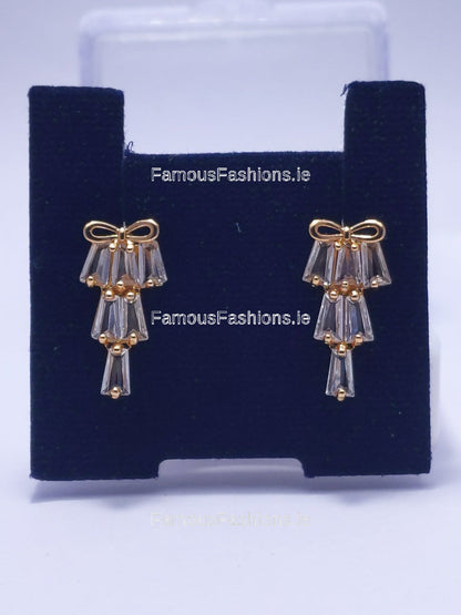 Gold Bow Diamond Tiered Drop Earrings