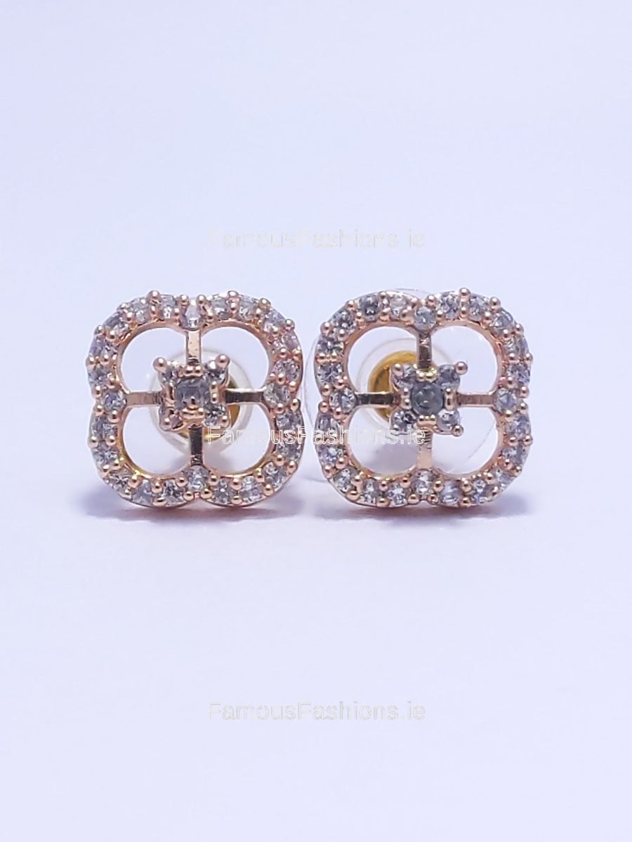 Gold Diamond Clover Shape Stud Earrings