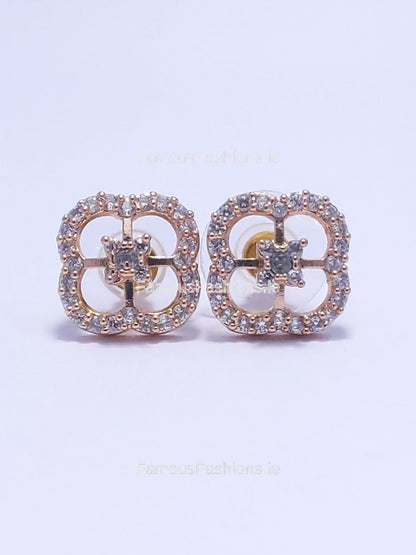 Gold Diamond Clover Shape Stud Earrings