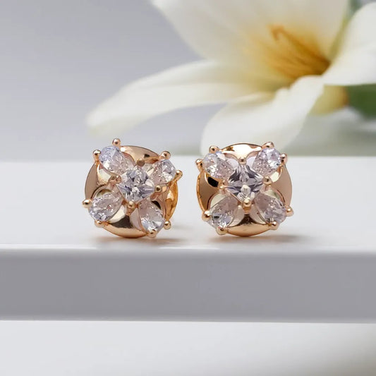 Gold Dimond Flower Detail Stud Earrings