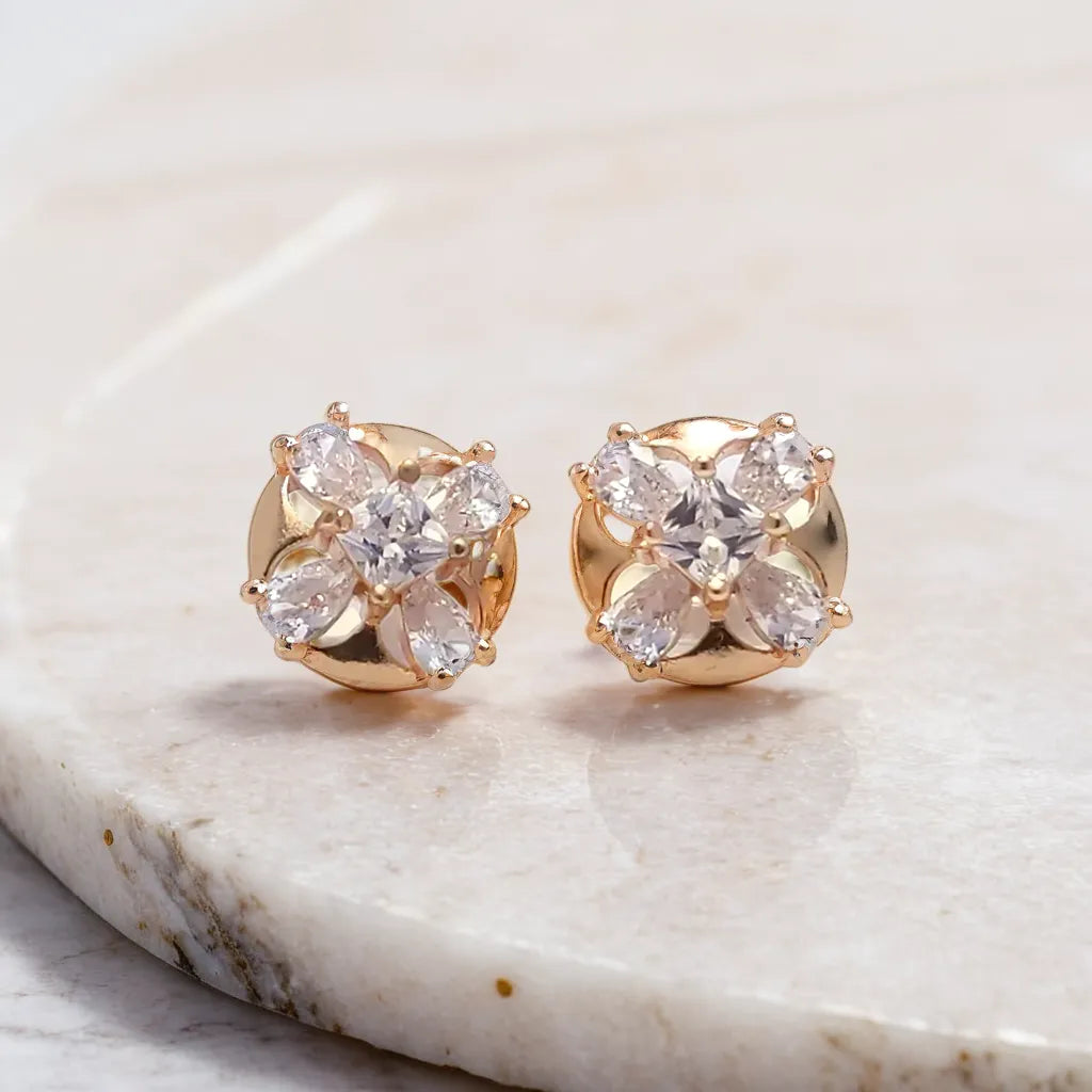 Gold Dimond Flower Detail Stud Earrings