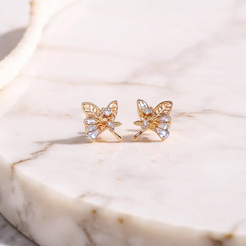 Gold Diamond Leaf Design Stud Earrings