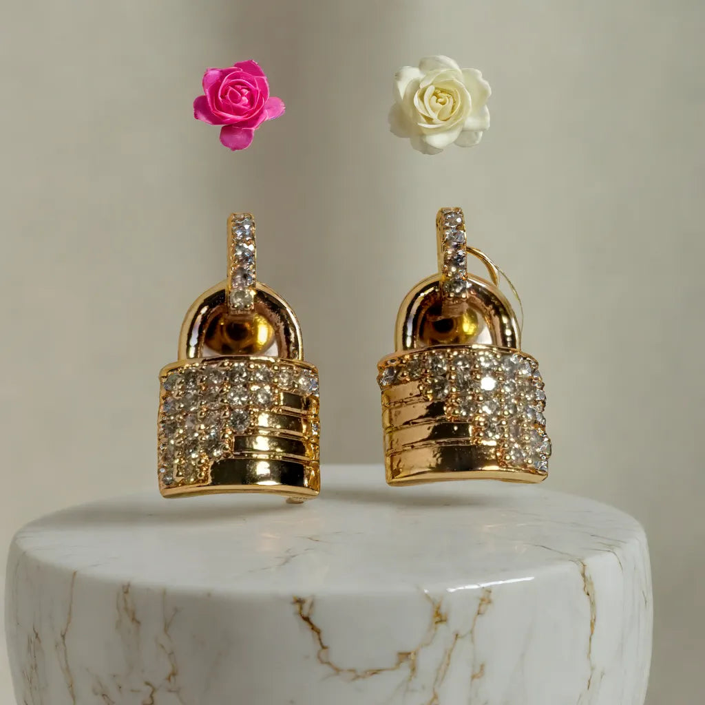 Gold Lock Diamond Stud Earrings