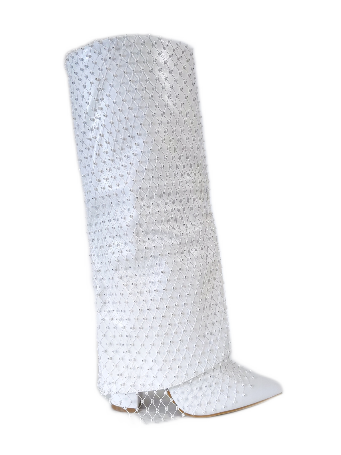 White Diamante Mesh Overlay Fold Over Cowboy Boots