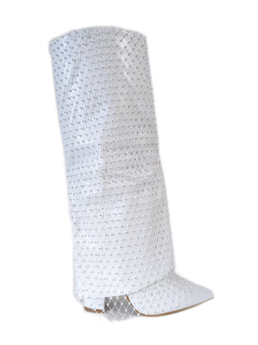 White Diamante Mesh Overlay Fold Over Cowboy Boots