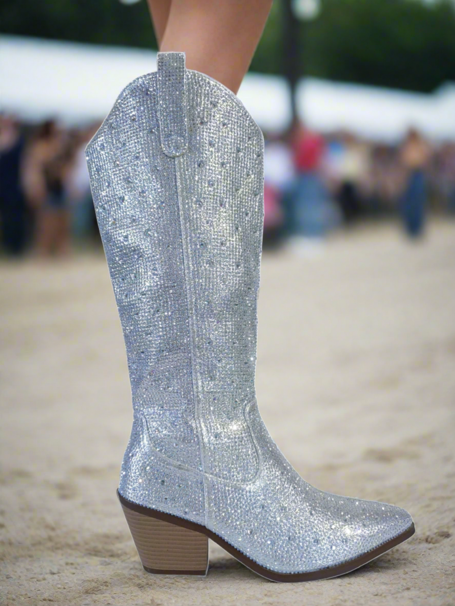 Silver Diamante Embellished Studded Glitter Knee High Western Style Cowboy Boots