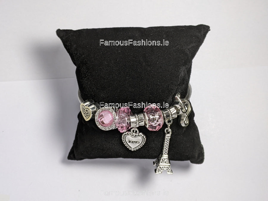 Silver Pink Beaded Tower Charm Bracelet