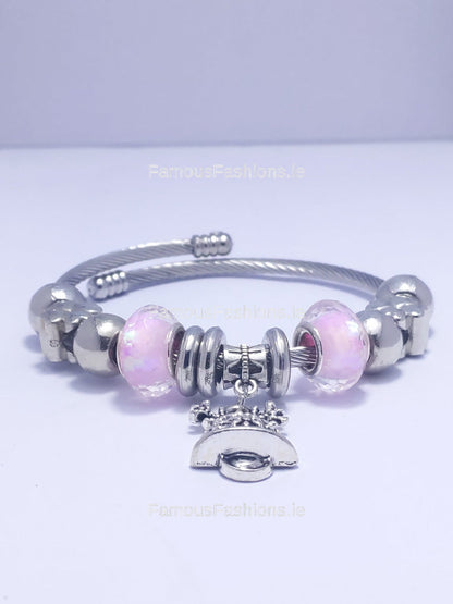 Silver Pink Bell Beaded Charm Bracelet