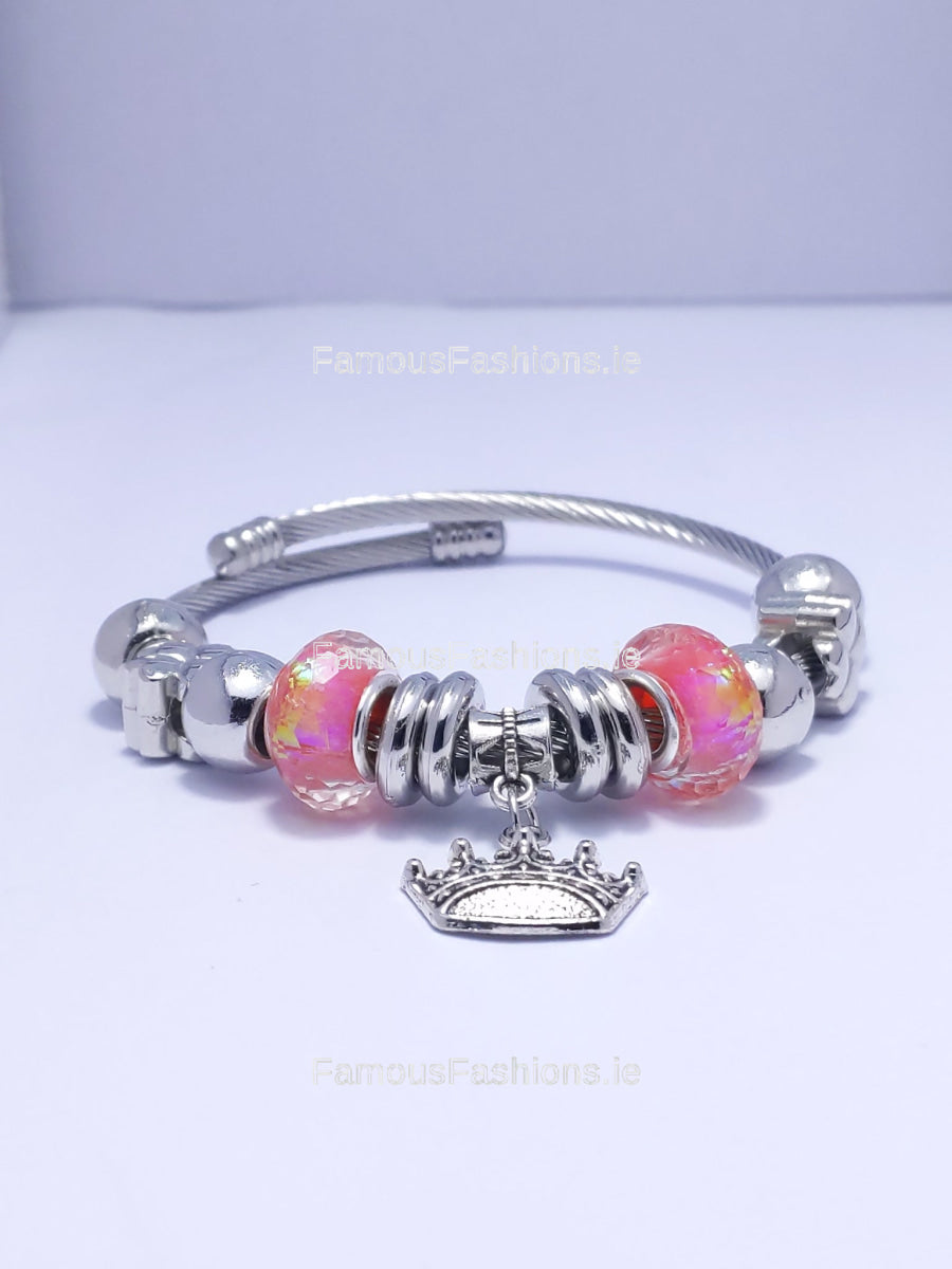 Silver Pink Crown Multicolor Charm Bracelet