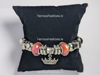 Silver Pink Crown Multicolor Charm Bracelet