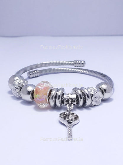 Silver Tennis Racket Multi Charm Bracelet