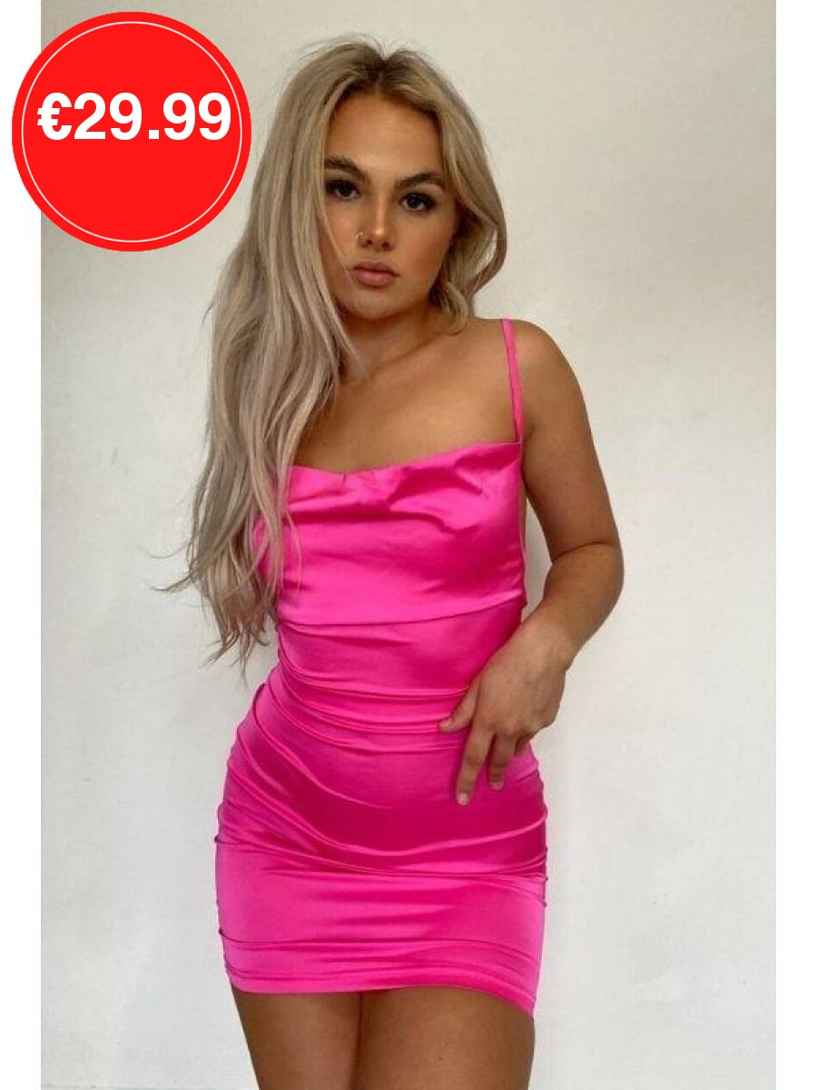 Pink Cowl Neck Bodycon Satin Mini Dress