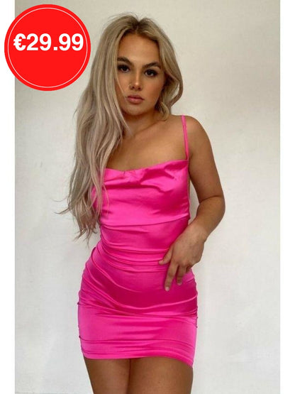 Pink Cowl Neck Bodycon Satin Mini Dress