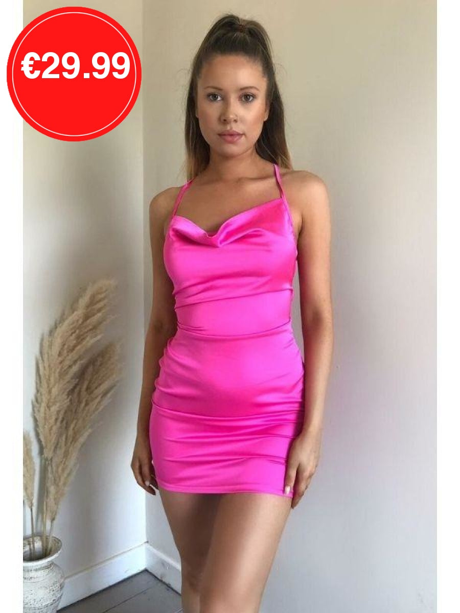 Pink Cowl Neck Bodycon Satin Mini Dress