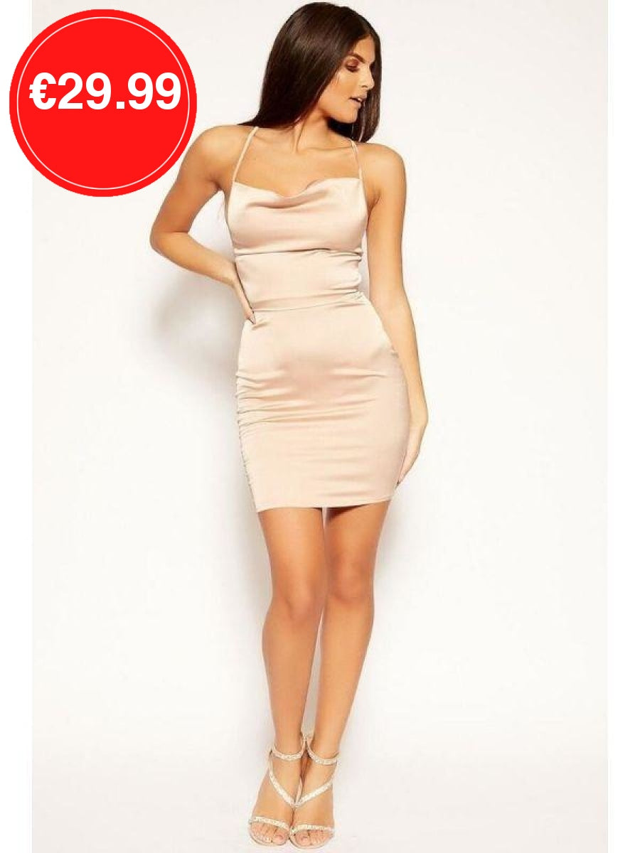 Nude Cowl Neck Bodycon Satin Mini Dress